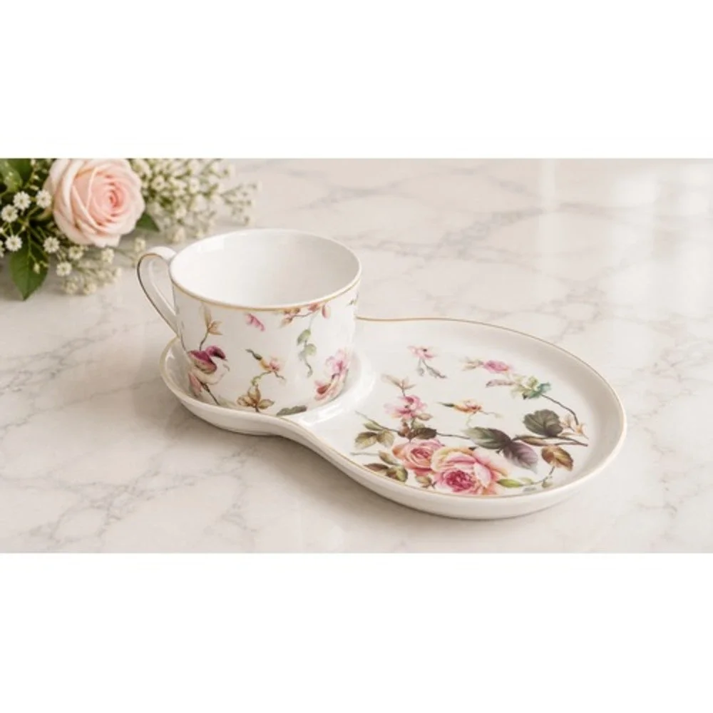 Grace Teaware Blossom & Bird Tea Cup Snack Set Floral Porcelain Pink Gold Trim